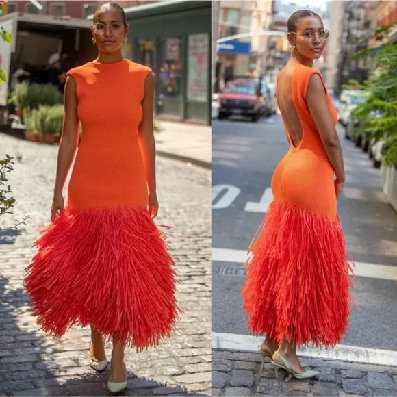 SUPER RARE Aje Raffia Trimmed Ribbed Stretch Knit Midi Dress Orange Size XXS. - Picture 1 of 12